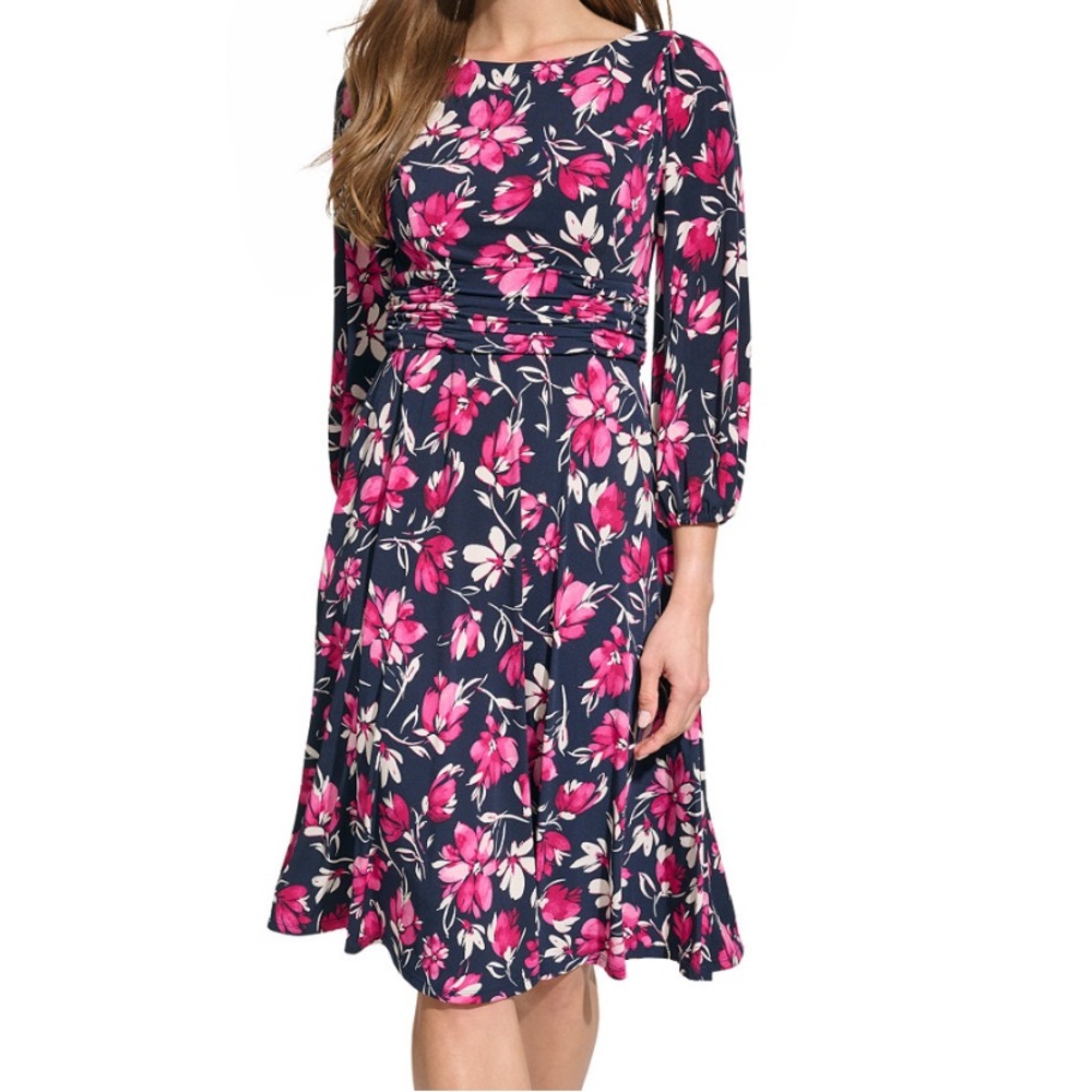New Jessica Howard Floral Print Ruched Feminine Midi Dress Long Sleeves Lined 8